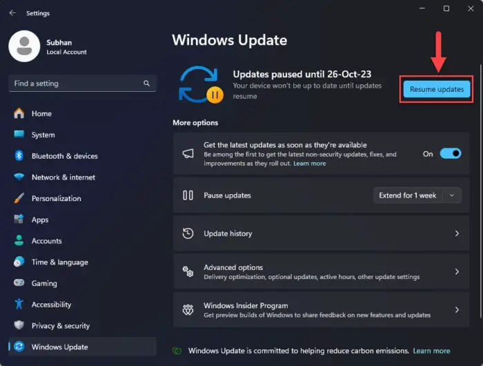 Resume installing Windows updates