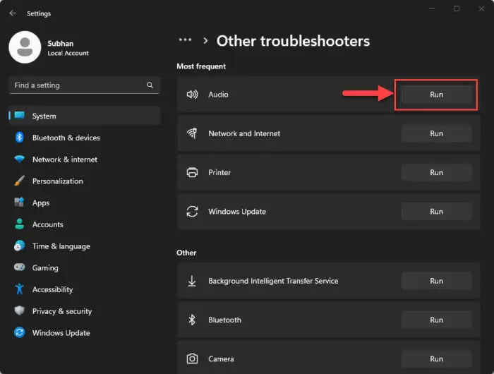 Run the audio troubleshooter