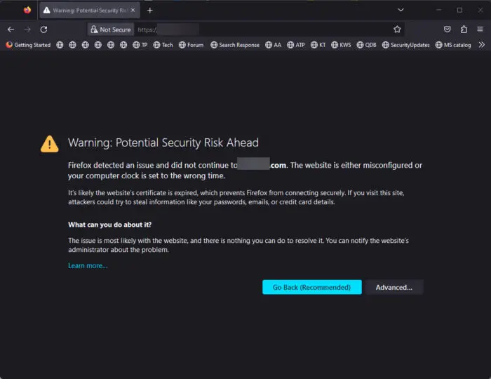 Security risk warning in Mozilla Firefox