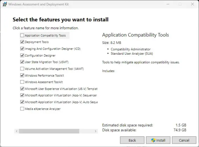 Select ADK components to install