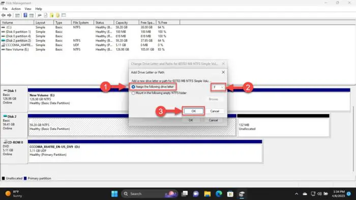 Select and assign a drive letter to the VHD