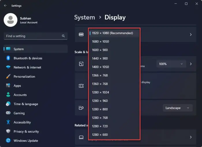 Select display resolution