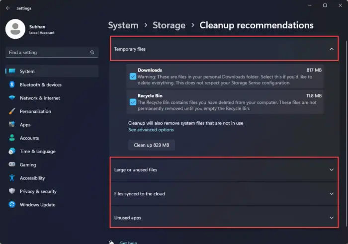 Select files to clean using Cleanup Recommendations