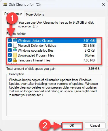 Select files to delete with Disk Cleanup