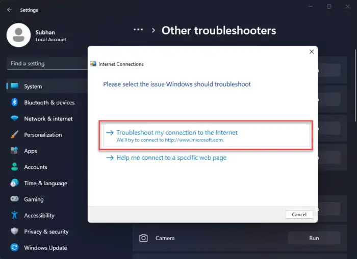 Select issue to troubleshoot