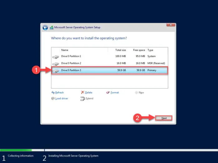 Select partition to install Windows Server