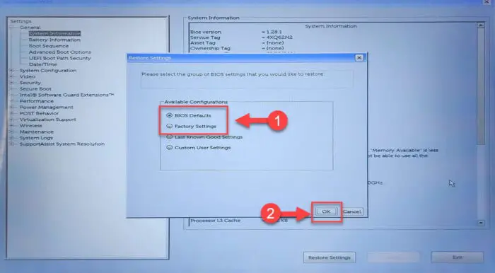 Select reset type and proceed