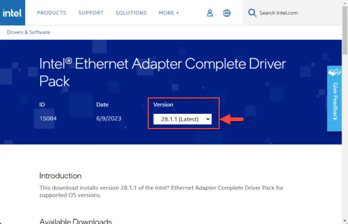 Select the latest Intel ethernet adapter driver pack version