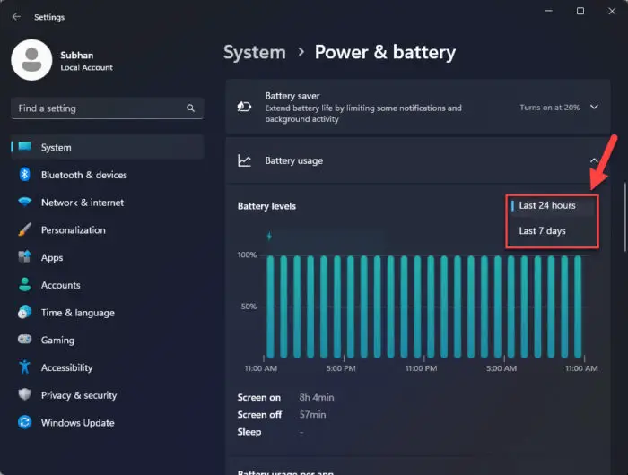 Select the time period to view the battery statistics for