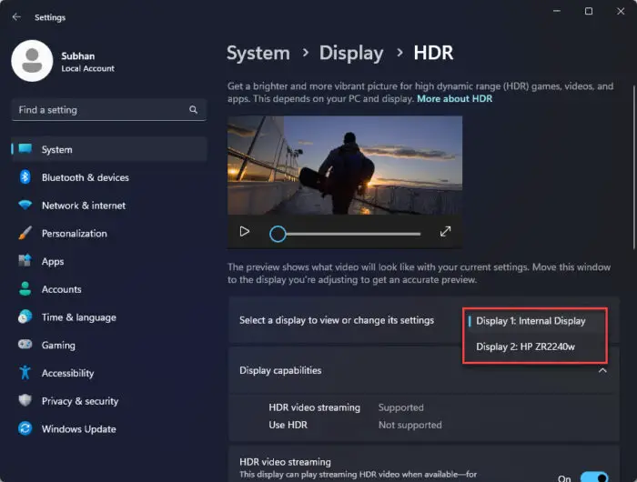 Select your monitor to check for HDR support