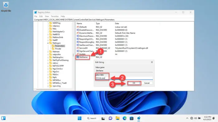 Set Domain Controller name as the value for SiteName in Windows Registry