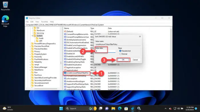 Set LocalAccountTokenFilterPilicy Value Data to 1