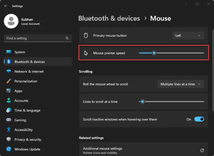 Set mouse sensitivity from Settings app