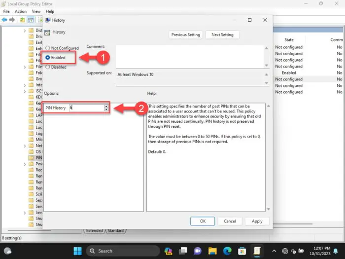 Set PIN history on Windows