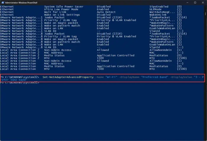 Set preferred Wi Fi band from PowerShell