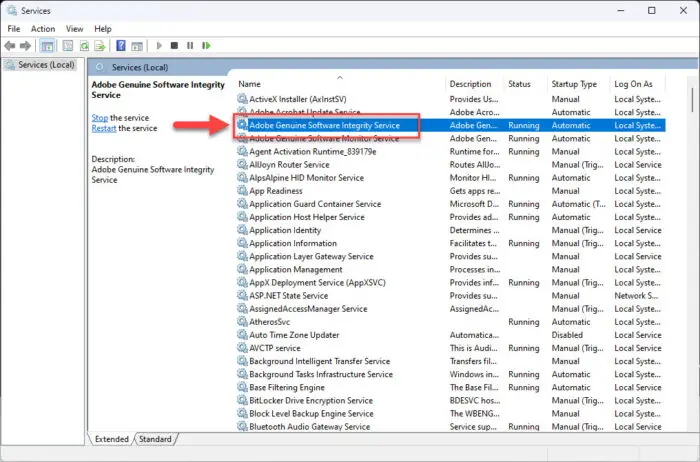 Set Startup Type to manual for Adobe Genuine Software Integrity Service