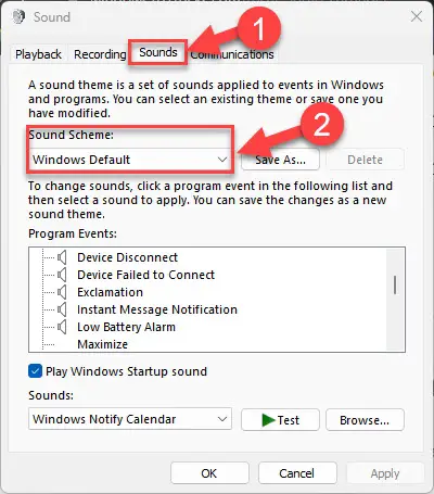 Set system sounds to Windows default