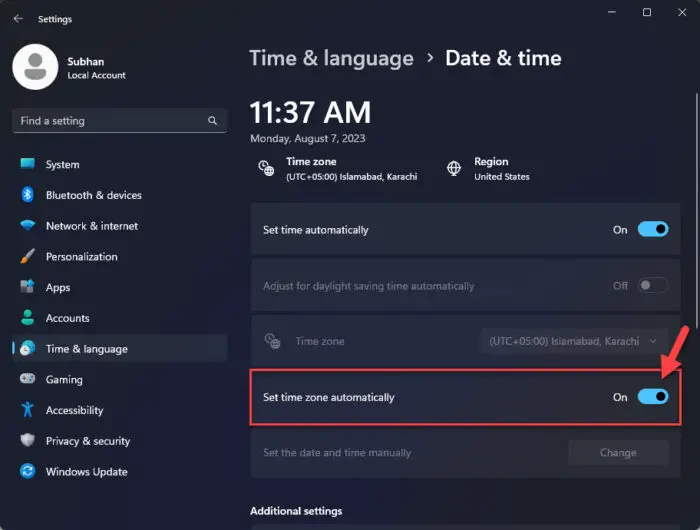Set the time zone automatically in Windows 11