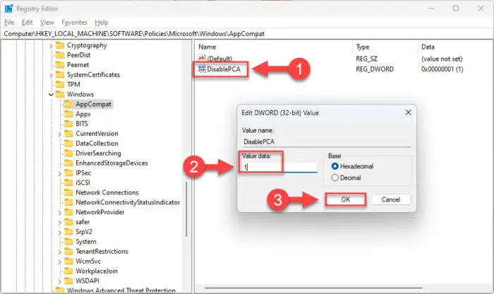 Set Value Data for DIsablePCA to 1