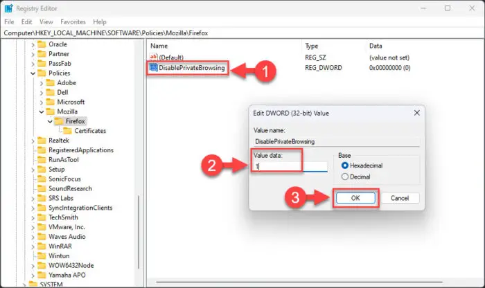 Set Value Data for DisablePrivateBrowsing to 1