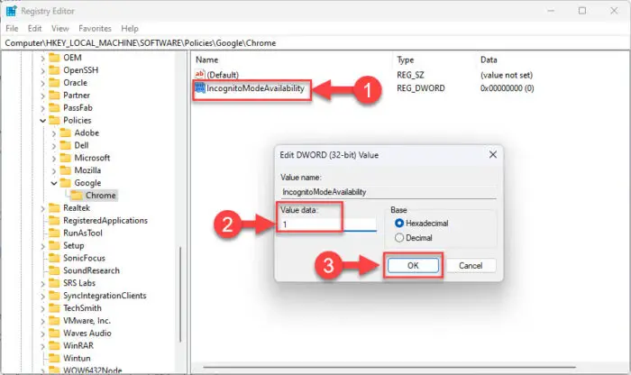 Set Value Data for IncognitoModeAvailability to 1