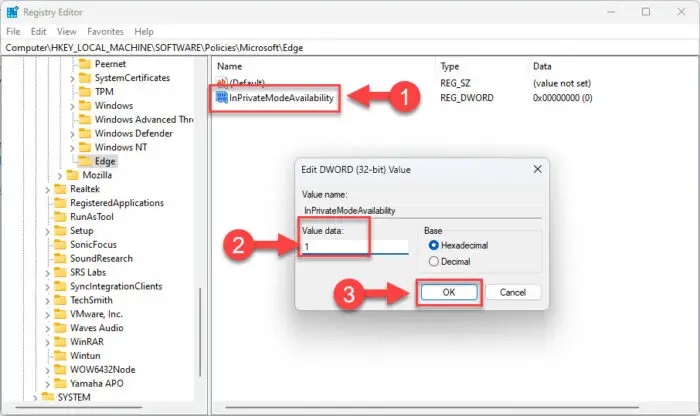 Set Value Data for InPrivateModeAvailability to 1