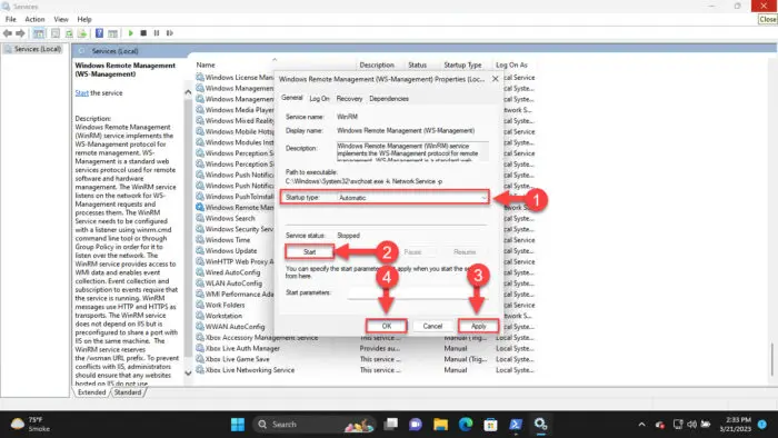 Set Windows Remote Management service to start automatically