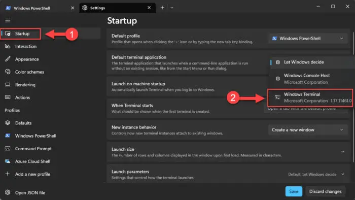 Set Windows Terminal as the default command line app from the Terminal settings