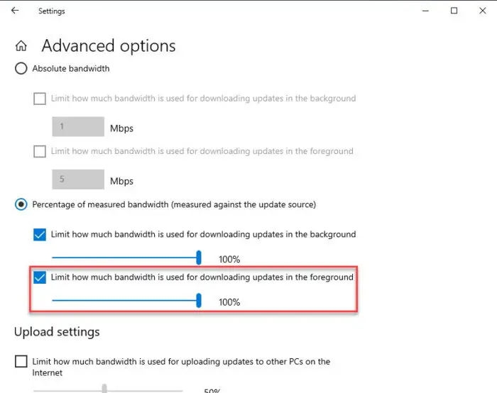 Set Windows update downloading bandwidth limit to 100 percent in foreground
