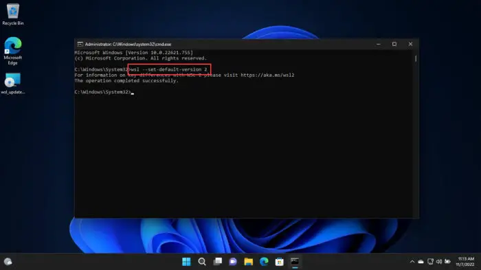 Set WSL2 as the default version