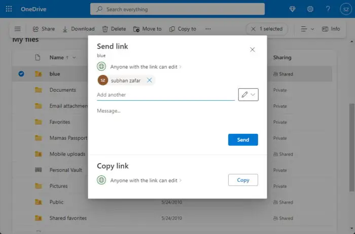 Share files and folders using OneDrive