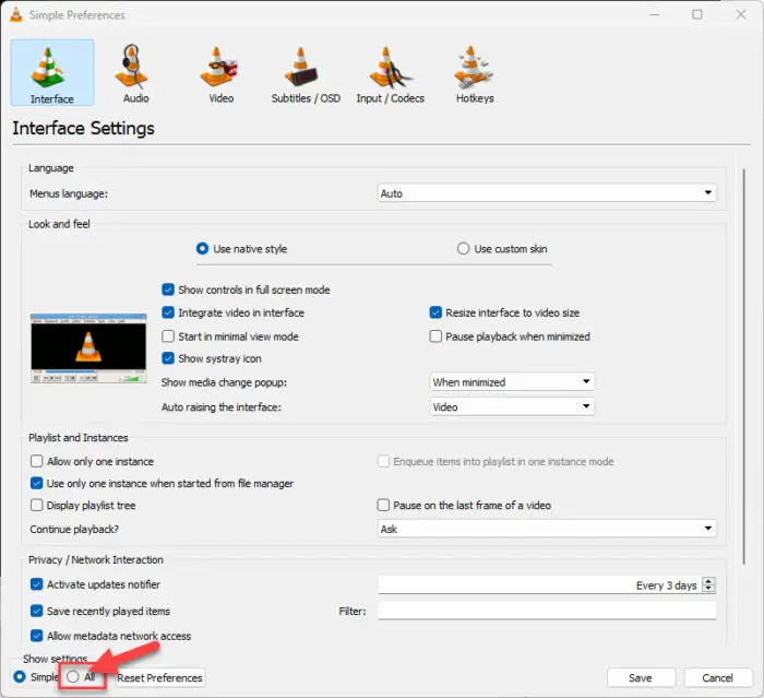 Show all VLC preference settings