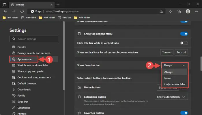 Show hide or only show bookmarks bar in new tab in Edge settings