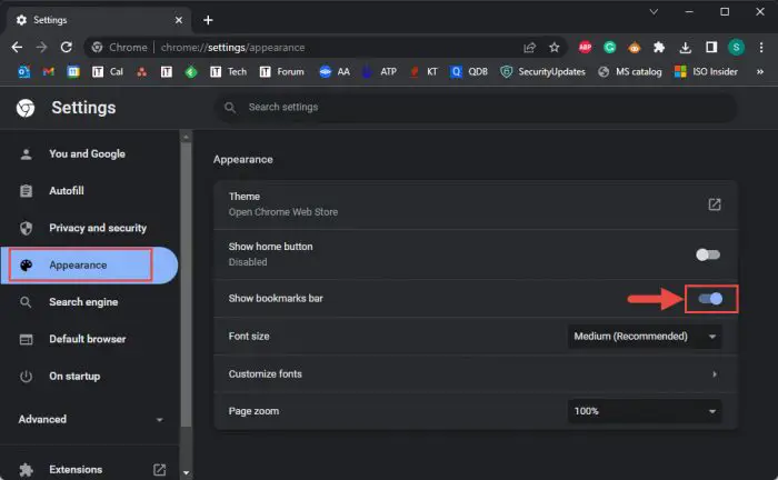 Show or hide bookmarks bar from Settings