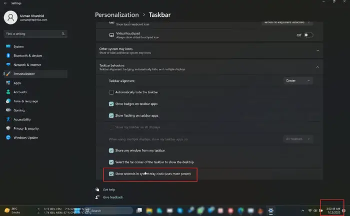Show seconds in system tray in Windows 11