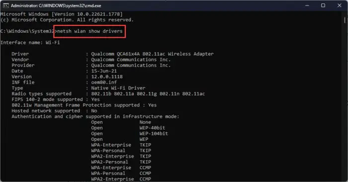Show Wi Fi driver details in Command Prompt