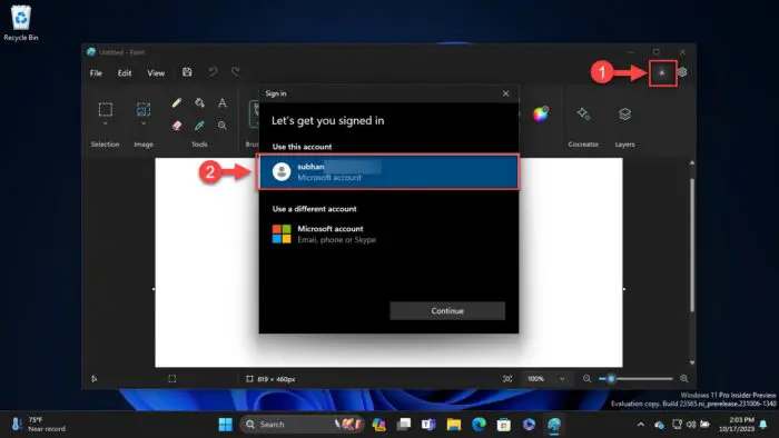 Sign into the Paint app using Microsoft account