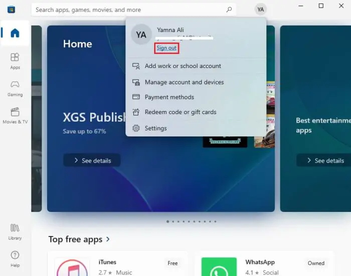 Sign out of Microsoft Store