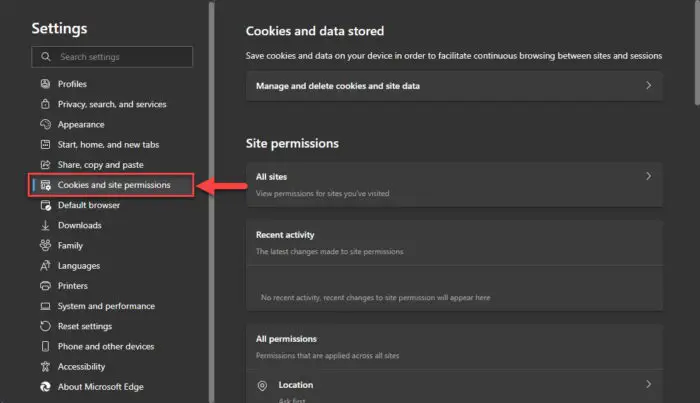 Switch to Cookies and site permissions tab