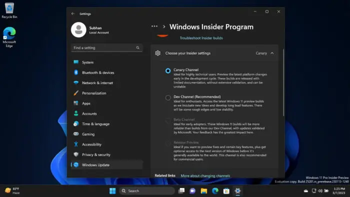 Switch your Windows Insider channel