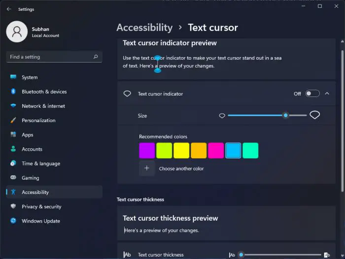 Text cursor accessibility setting