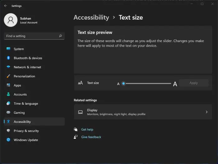 Text Size accessibility setting