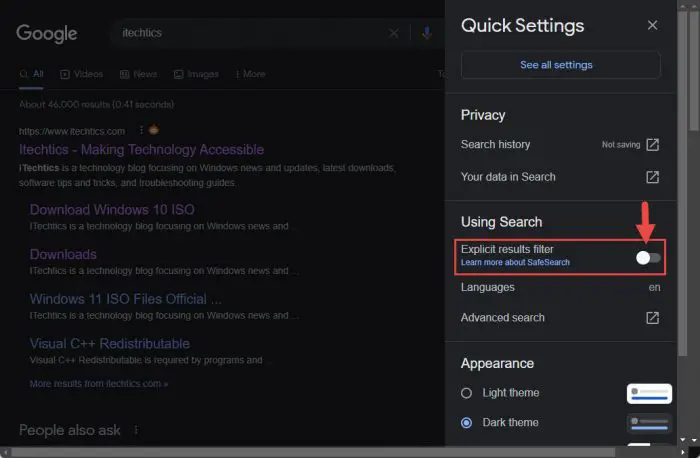 Toggle SafeSearch from Quick Settings