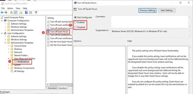 Turn off quiet hours using group policy