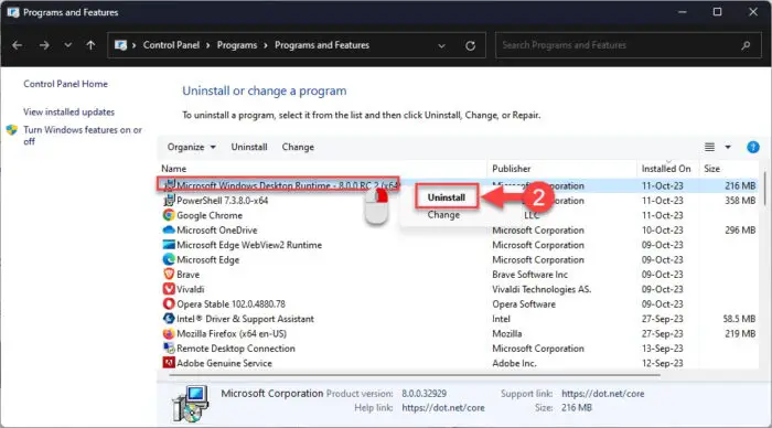 Uninstall .NET from Programs and Features applet