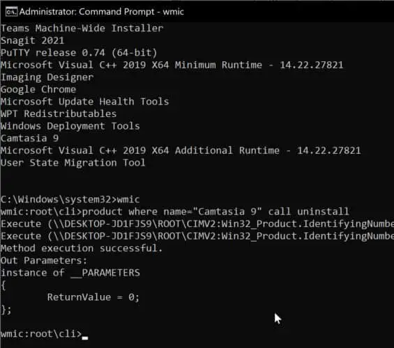 Uninstall a program using cmd