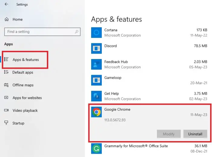 Uninstall Google Chrome from Settings