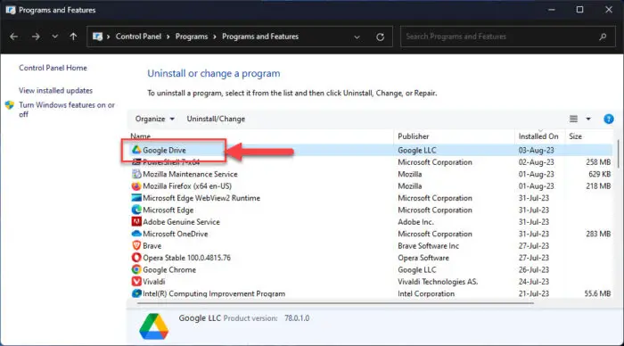 Uninstall Google Drive from the Programs and Features applet