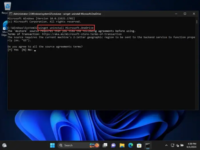 Uninstall OneDrive from Command Prompt