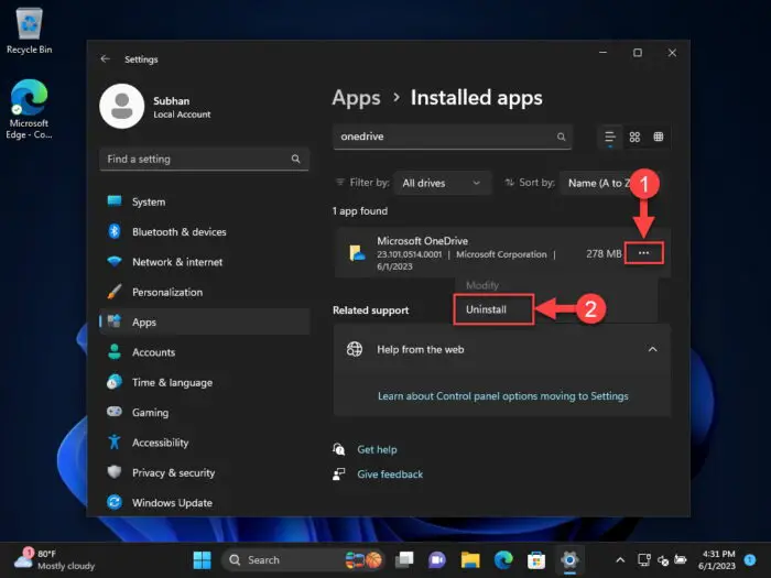 Uninstall OneDrive from Settings